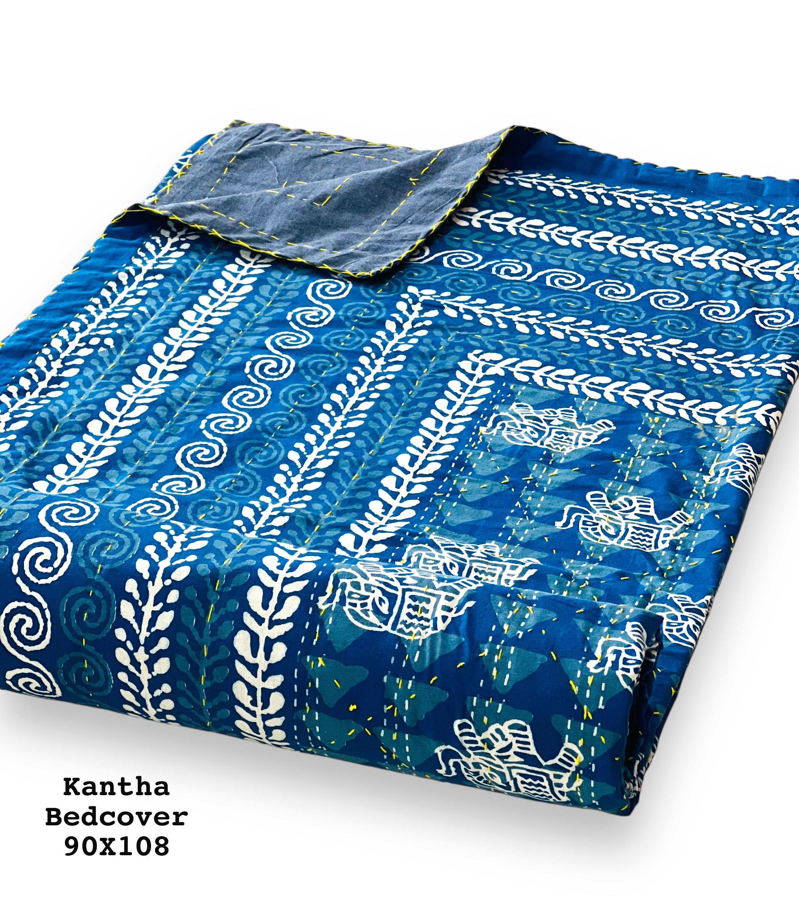 Jaipuri Printed Double Bed Size Kantha Work Bedcover ( 2 Layer )