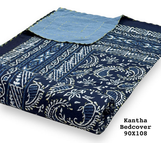 Jaipuri Printed Double Bed Size Kantha Work Bedcover ( 2 Layer )
