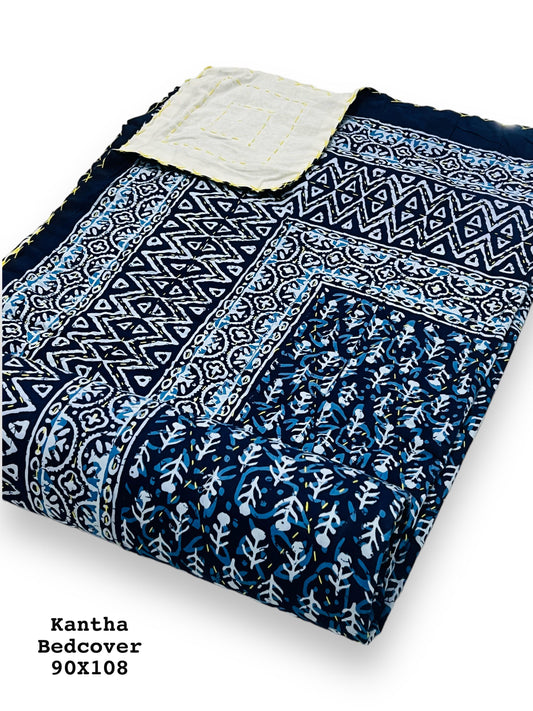 Jaipuri Printed Double Bed Size Kantha Work Bedcover ( 2 Layer )