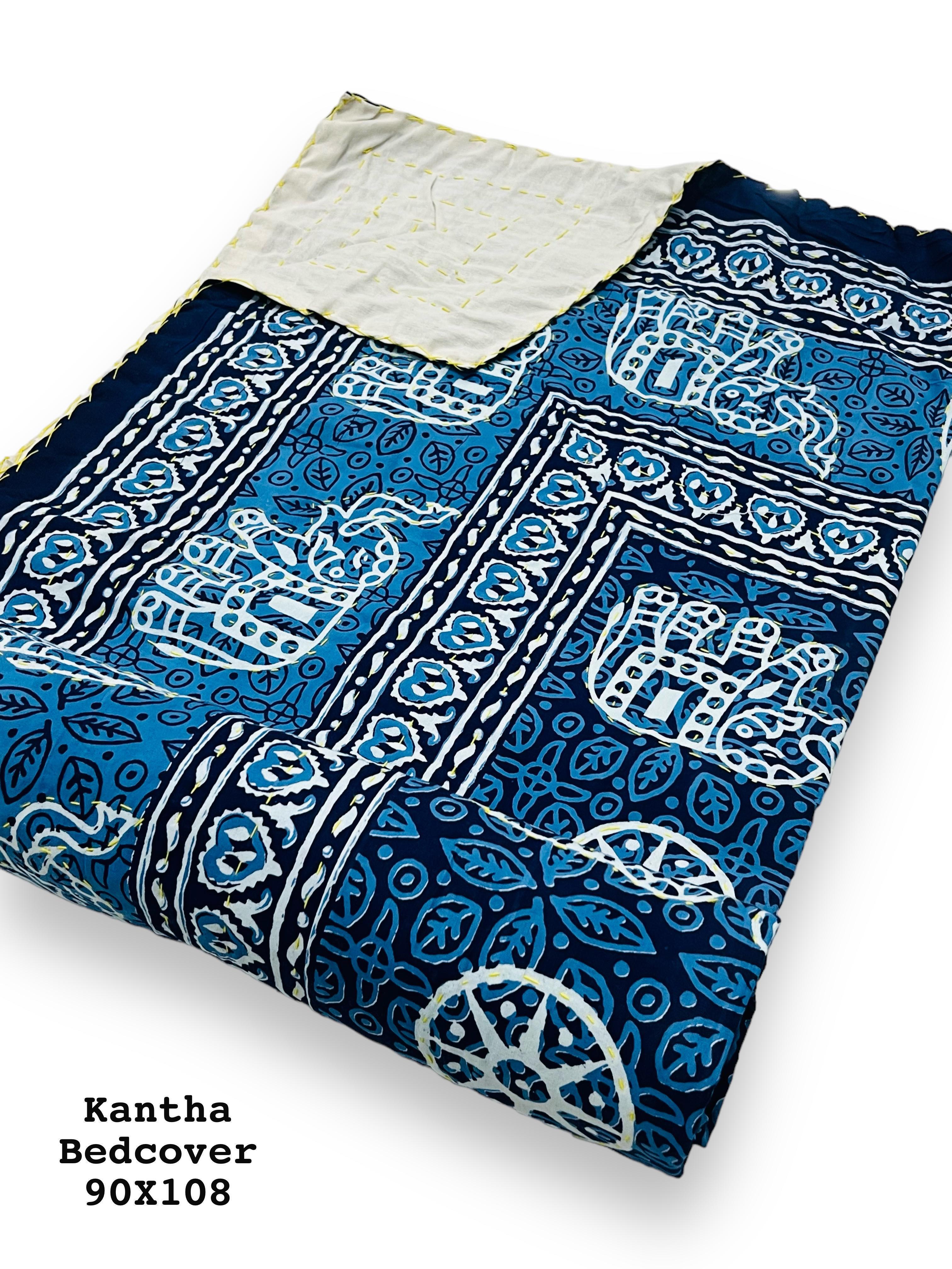 Jaipuri Printed Double Bed Size Kantha Work Bedcover ( 2 Layer )