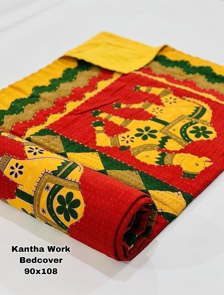 Jaipuri Printed Double Bed Size Kantha Work Bedcover ( 2 Layer )