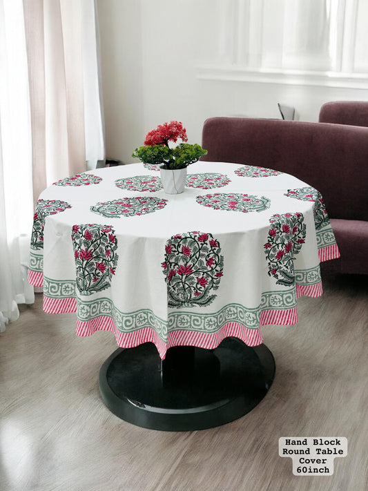 Premium Hand Block Sanganeri Printed Round Table Cover for 4 Seater
