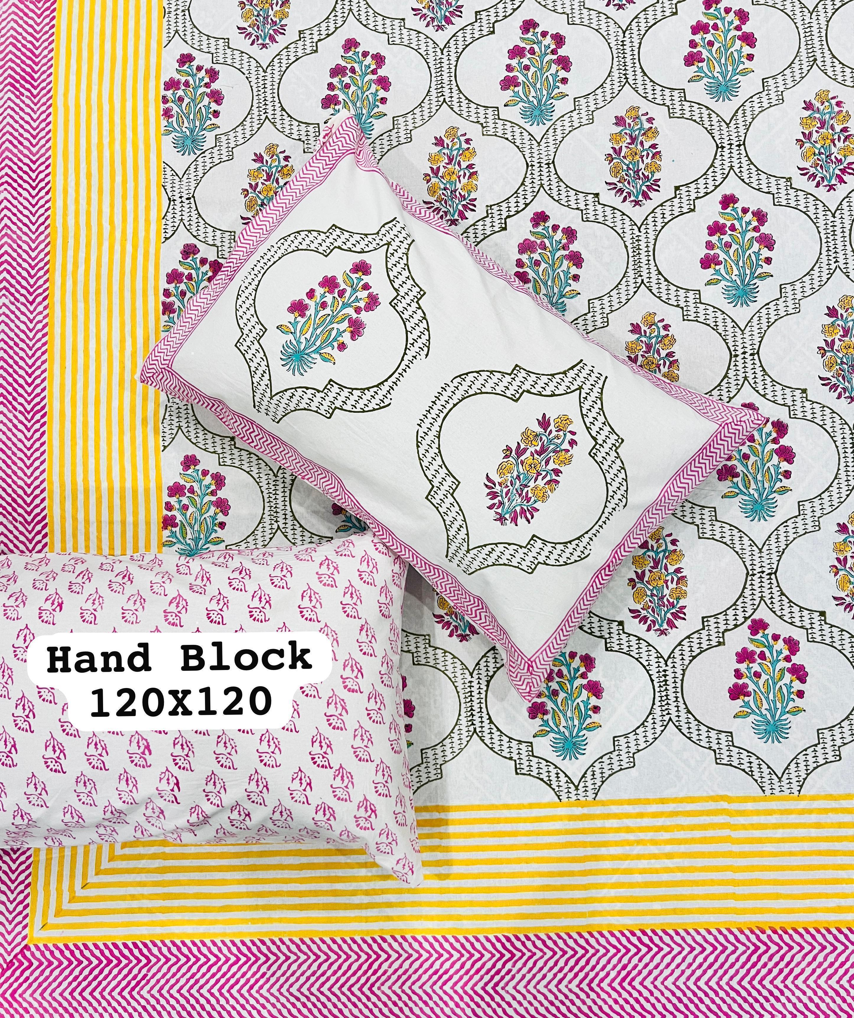 *Pure Hand Block Jumbo King Size Cotton Bedsheets with 2 Zipped Reversable Pillow Covers*✨