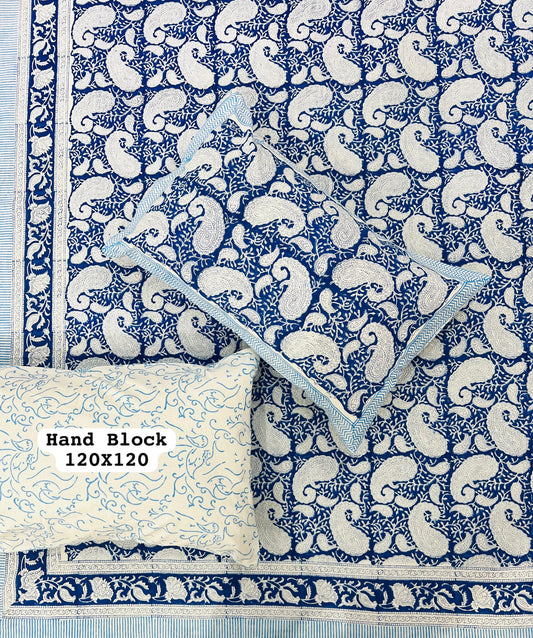 *Pure Hand Block Jumbo King Size Cotton Bedsheets with 2 Zipped Reversable Pillow Covers*✨