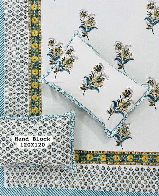 *Pure Hand Block Jumbo King Size Cotton Bedsheets with 2 Zipped Reversable Pillow Covers*✨