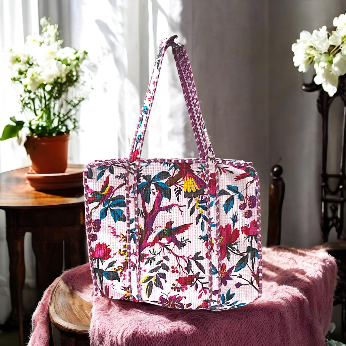 HANDMADE QUILTED TOTE BAG 18 by 18